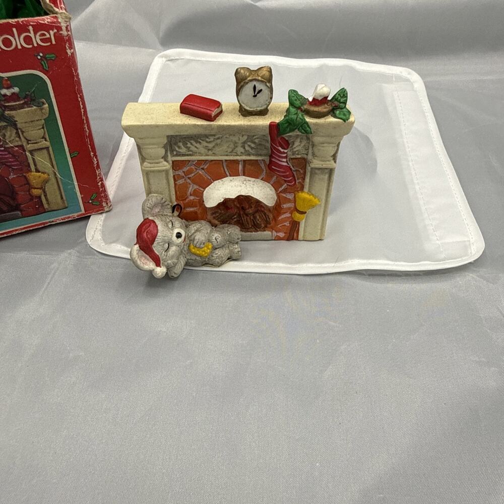 Vintage Night Before Christmas Tea Light Ceramic Candle Holder Fireplace Mouse